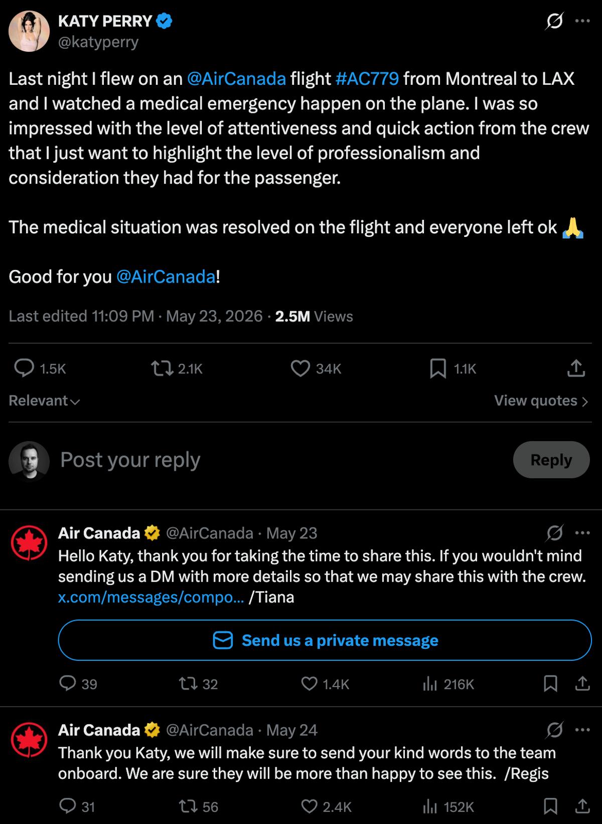 Katy Perry félicite Air Canada