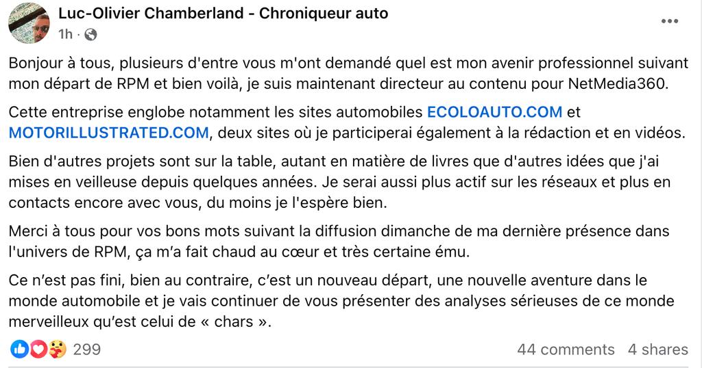 Luc-Olivier Chamberland annonce son départ de RPM