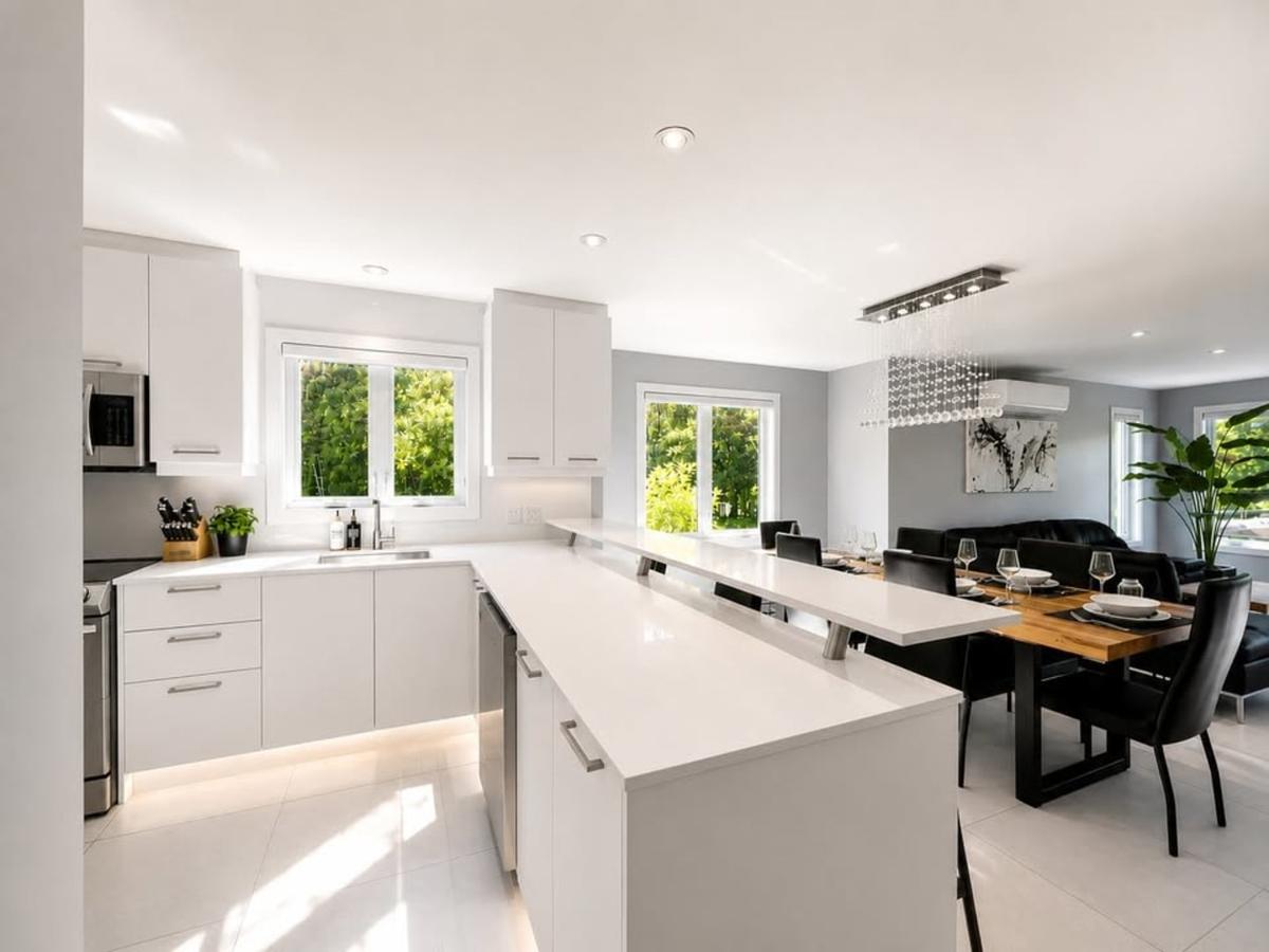 Cuisine blanche avec comptoir en quartz