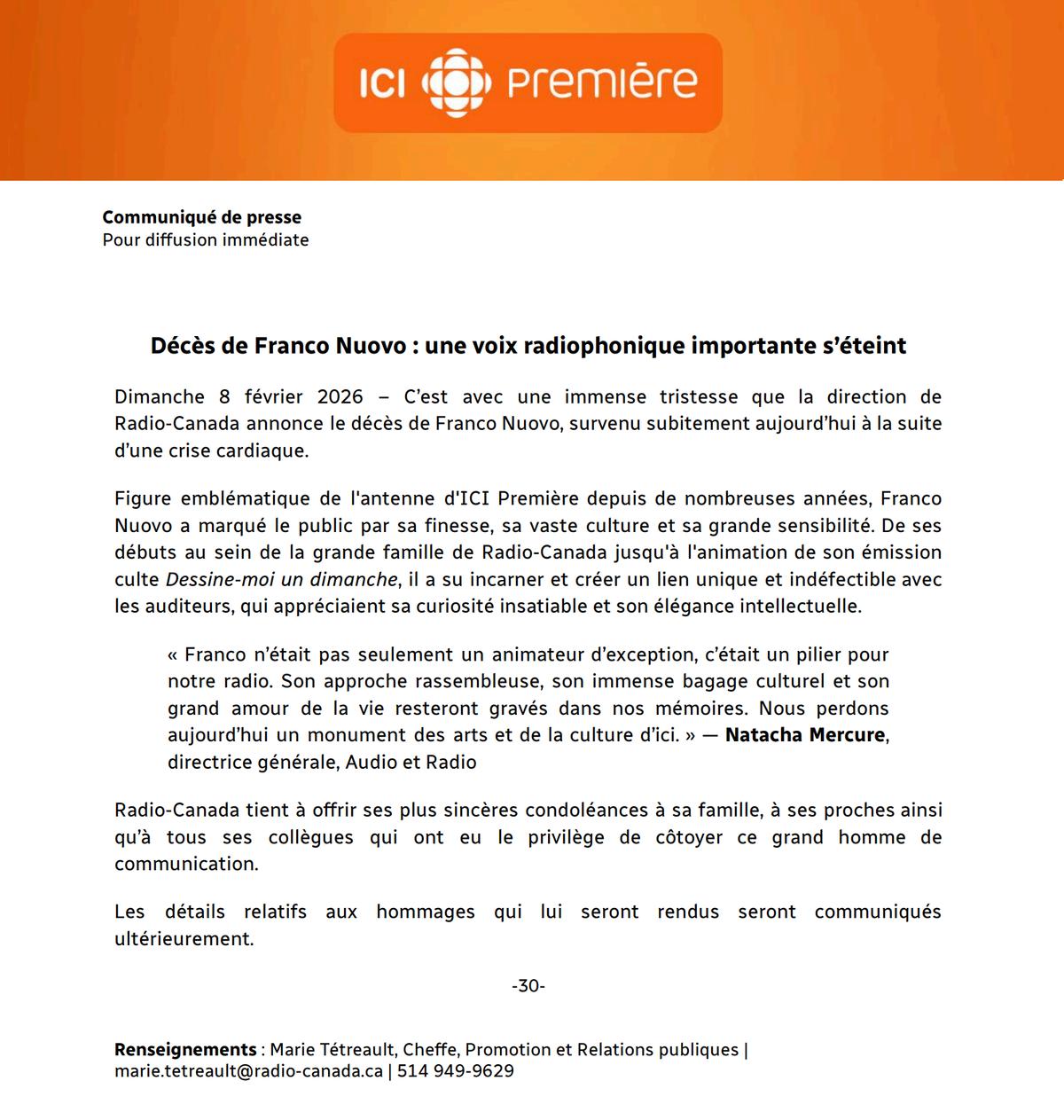 Communiqué annonçant le décès de Franco Nuovo