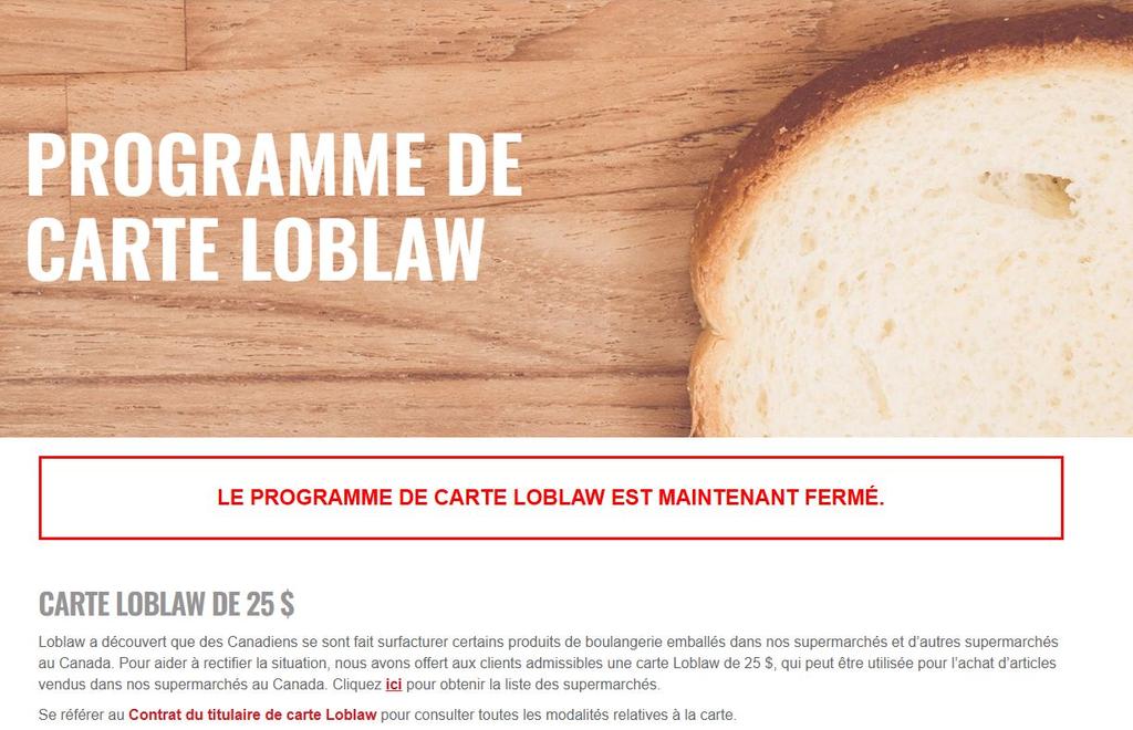 Carte cadeau Loblaw fixation du prix du pain