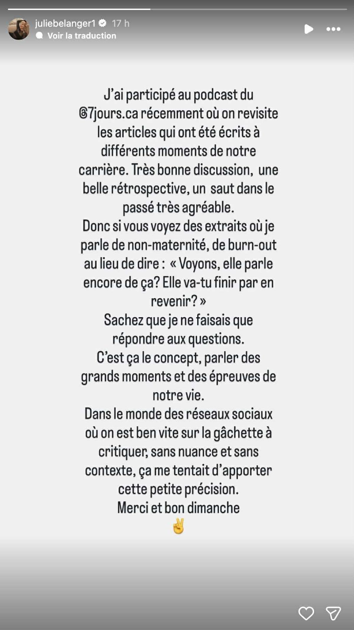 Julie Bélanger story instgram