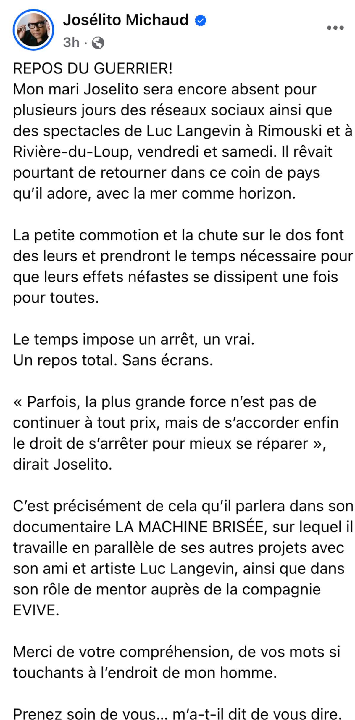 La conjointe de Josélito Michaud donne de ses nouvelles