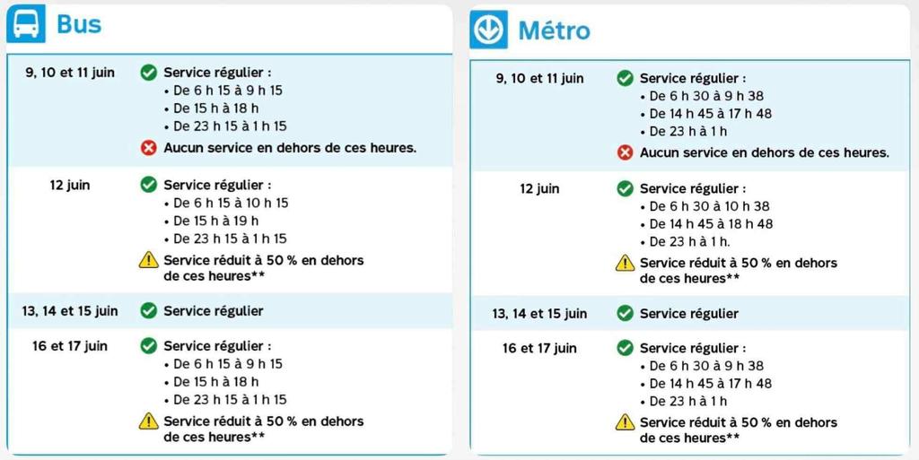 Horaire STM autobus et métro grève du 9 au 17 juin 2025