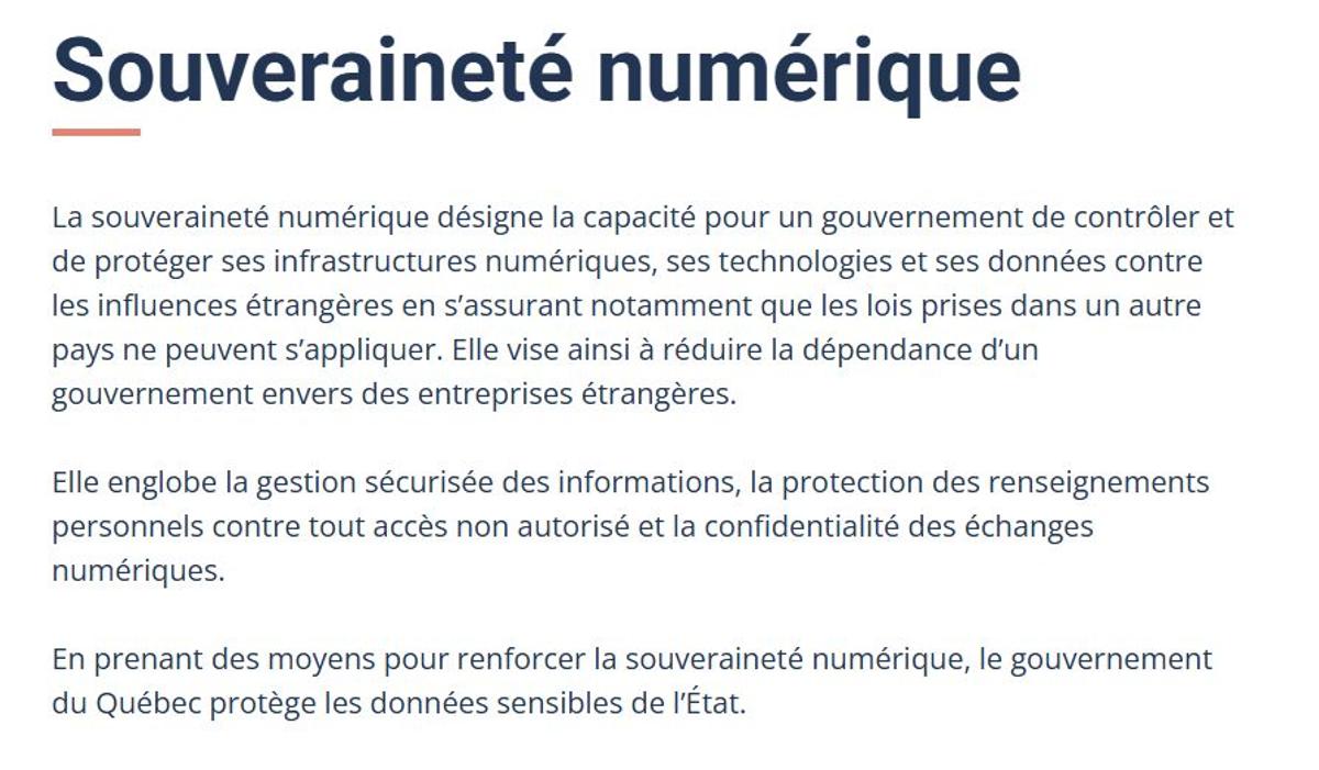 Souveraineté numérique, Capture d'écran Gouvernement du Québec