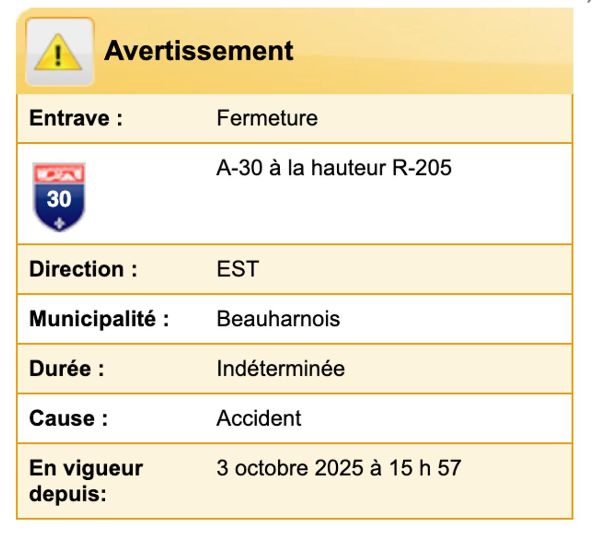 Accident autoroute 30 3 octobre 2025