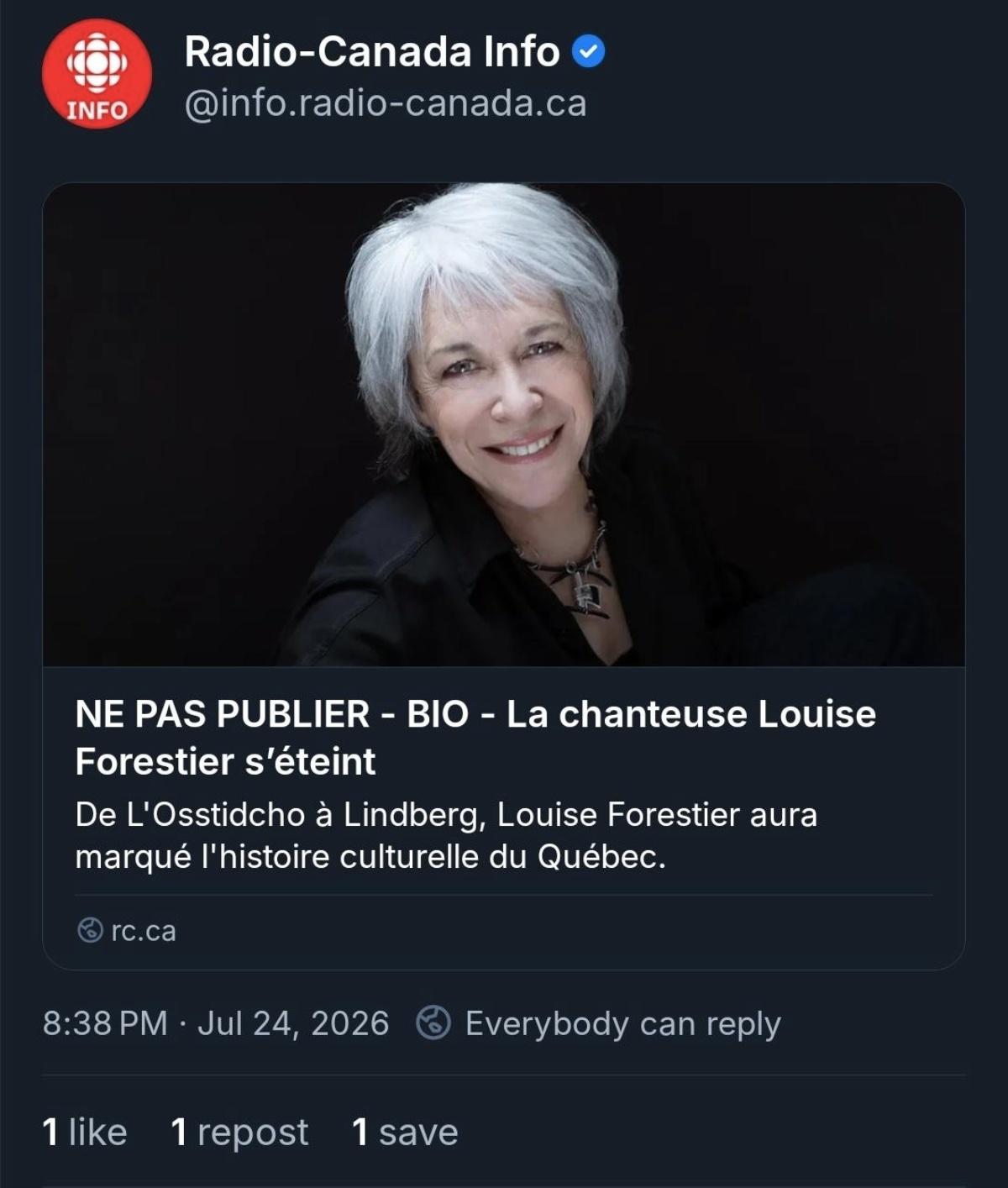 Capture d'écran de l'erreur de Radio-Canada concernant Louise Forestier