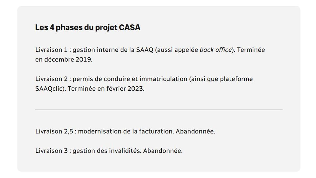 Capture d'écran - Radio-Canada, phases du projet CASA, SAAQclic