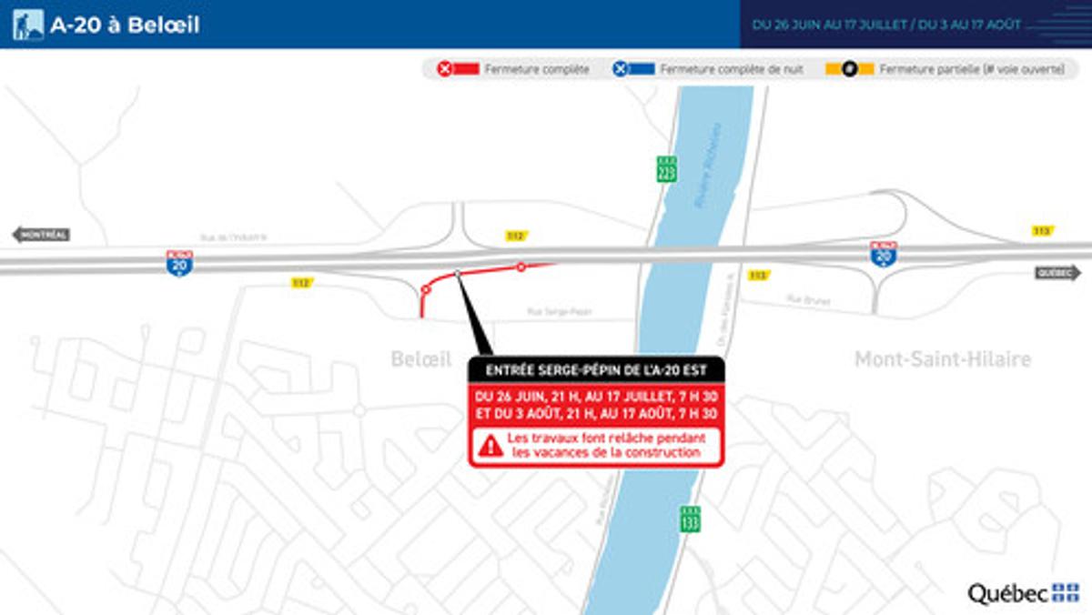 Carte du secteur des travaux sur l'autoroute 20 en direction est à Belœil