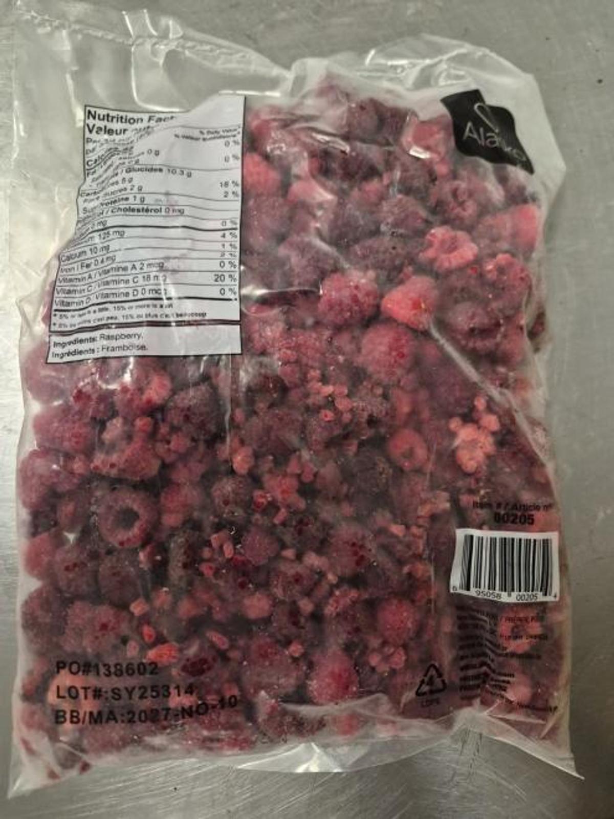 Emballage arrière des framboises entières surgelées Alasko 1 kg