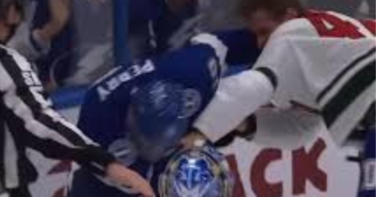 Corey Perry and Michael McCarron fighting. 