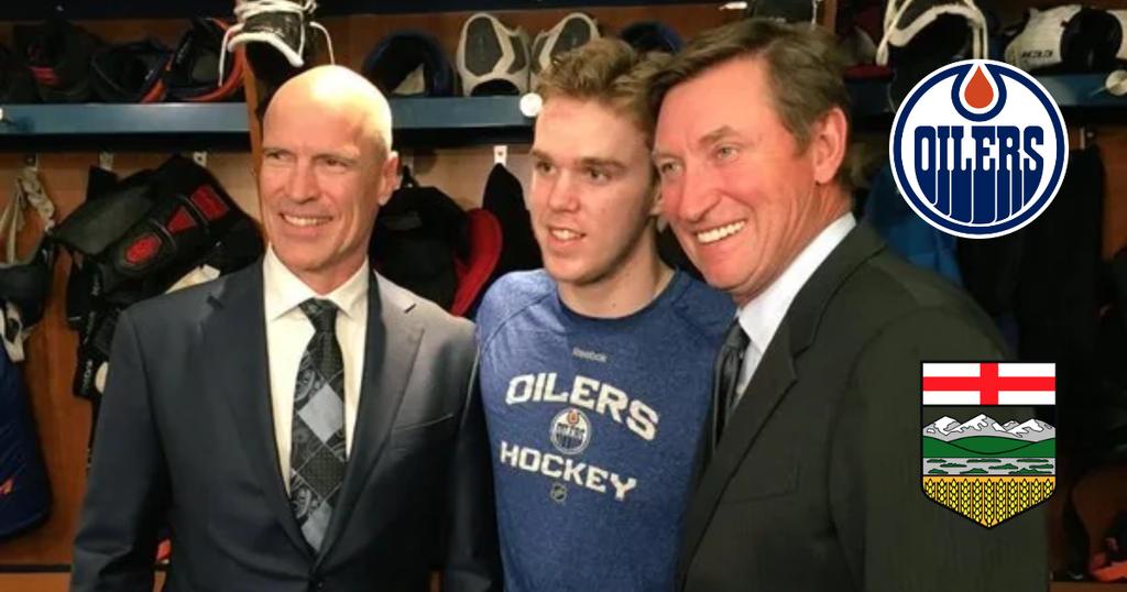 MArk Messier, Connor McDavid et Wayne Gretzky prennent la pose. On voie le logo des Oilers et le blason de l'Alberta.