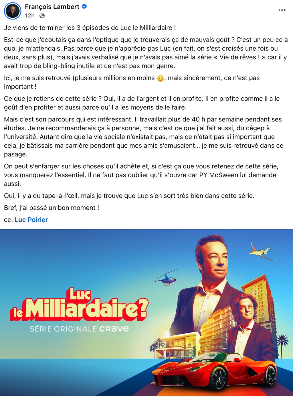 Capture d'écran d'une publication Facebook de François Lambert