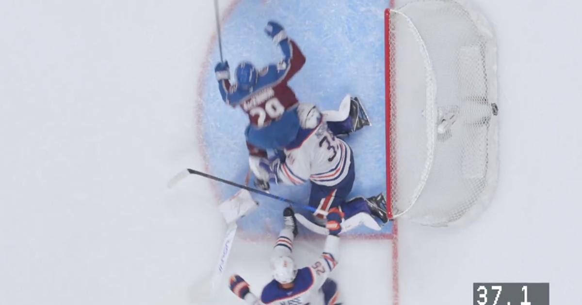 Collision between Nathan MacKinnon and Connor Ingram. 