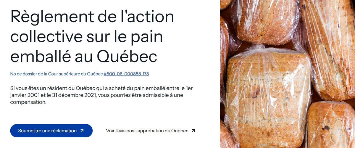Capture d'écran - Règlement de l'action collective sur le pain emballé au Québec