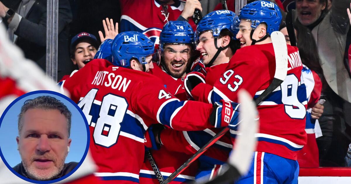 Hutson, Caufield, Suzuki, Slafkovsky et Demidov célébration but et Renaud Lavoie