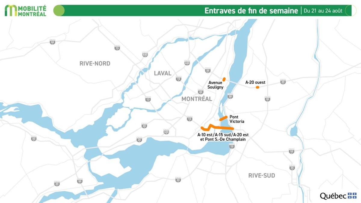Carte générale des entraves pour la fin de semaine du 21 août 2026