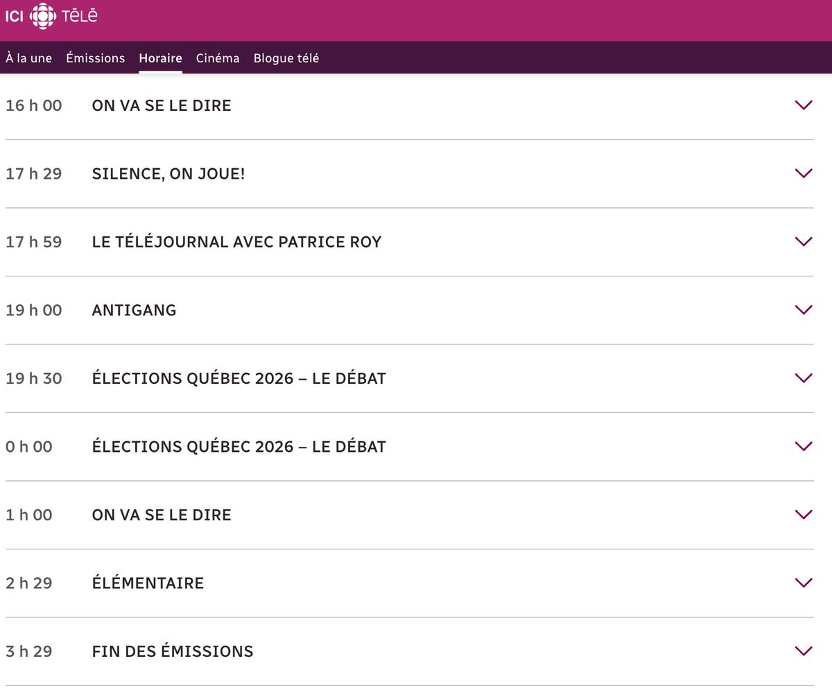 Horaire d'ICI Télé pour le 5 octobre 2026