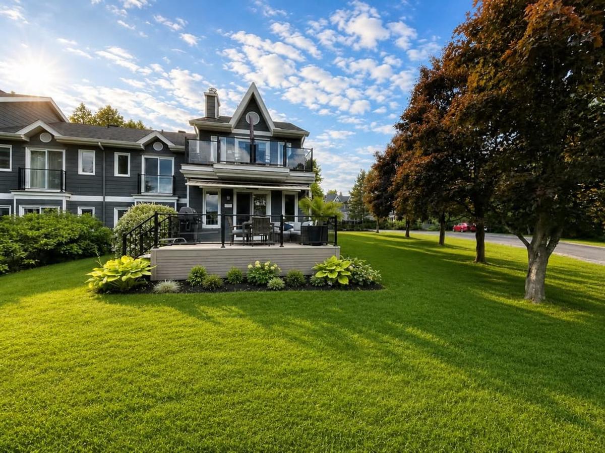 Vue extérieure du condo et de son environnement gazonné