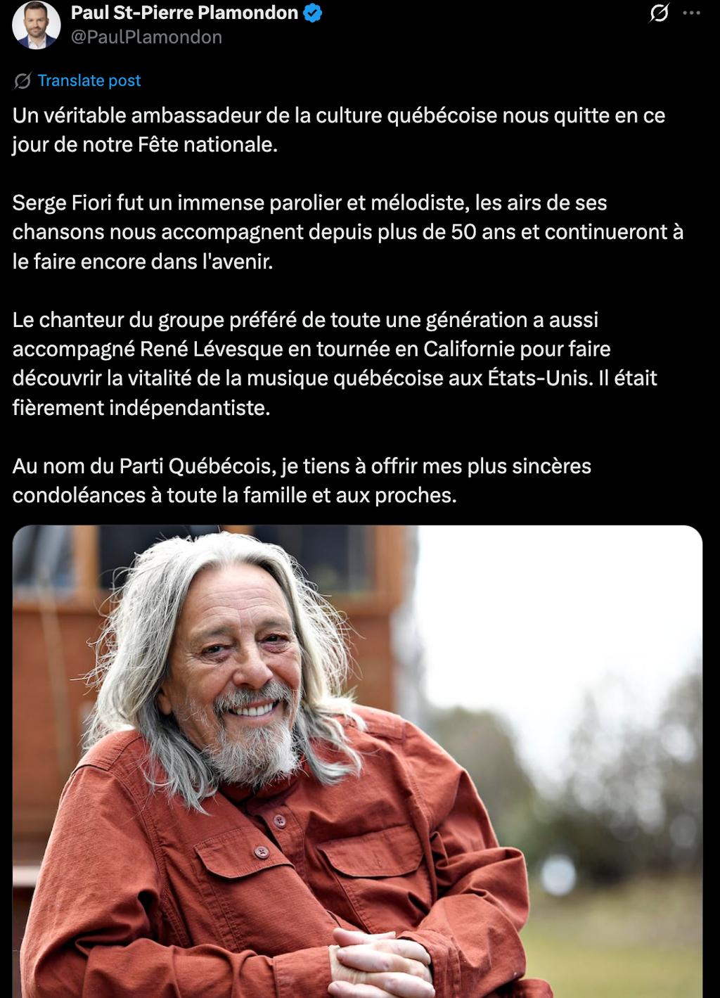 Paul St-Pierre Plamondon s'exprime à la suite du décès de Serge Fiori