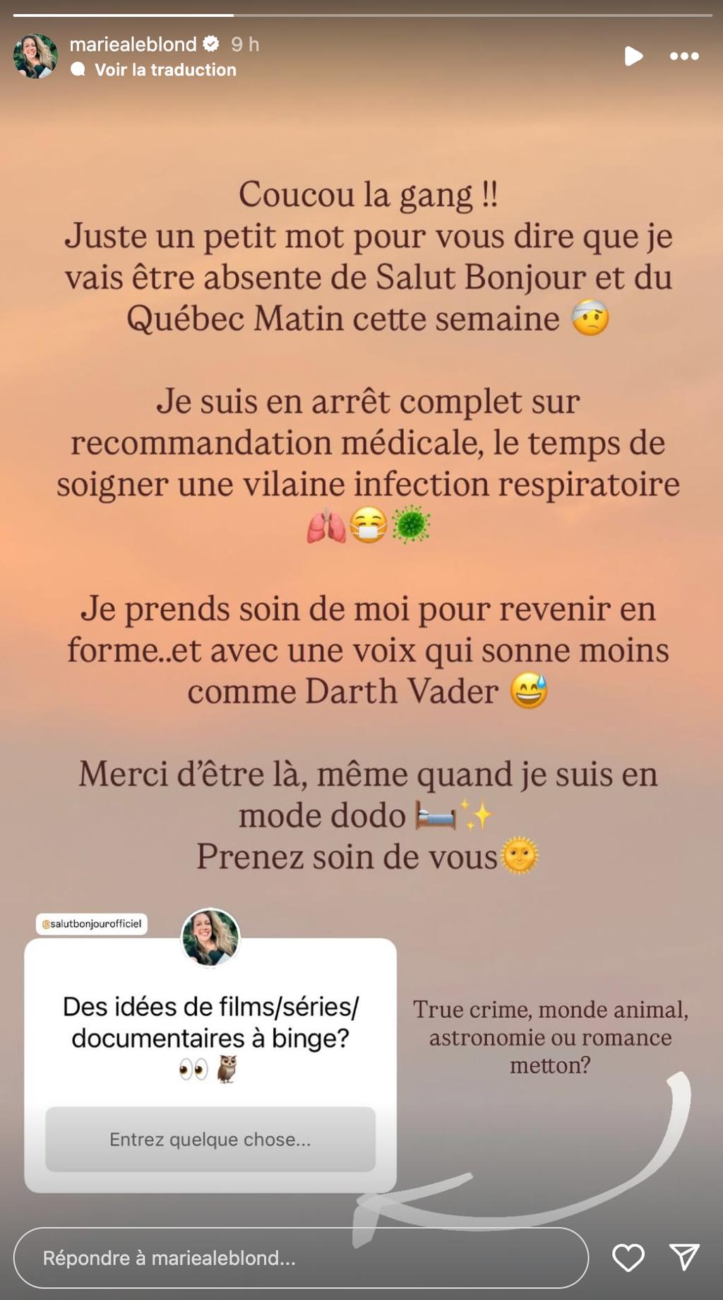 Marie Andrée Leblond s'absente pour des raisons de santé