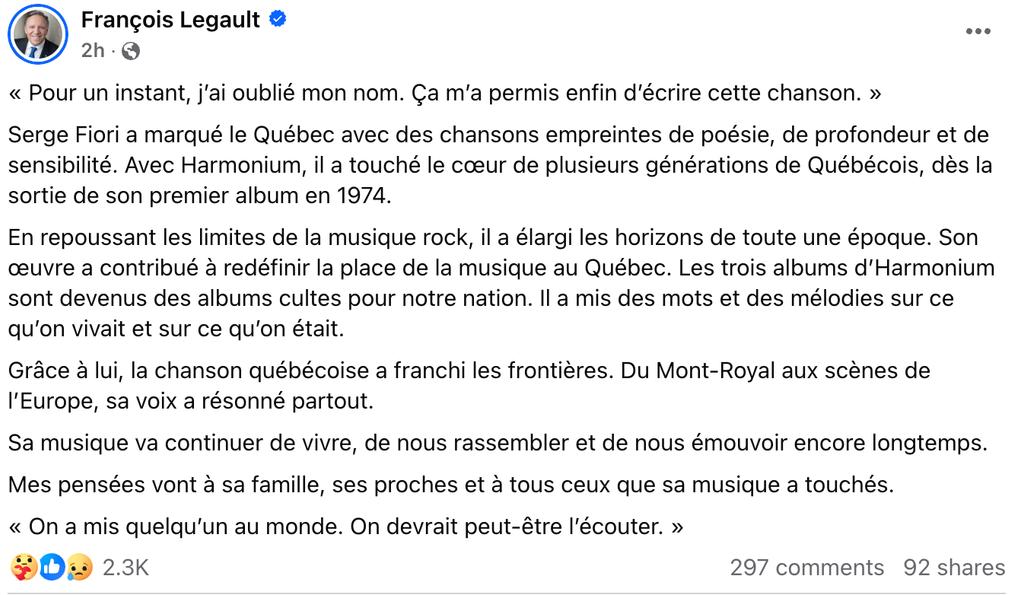 François Legault s'exprime après le décès de Serge Fiori