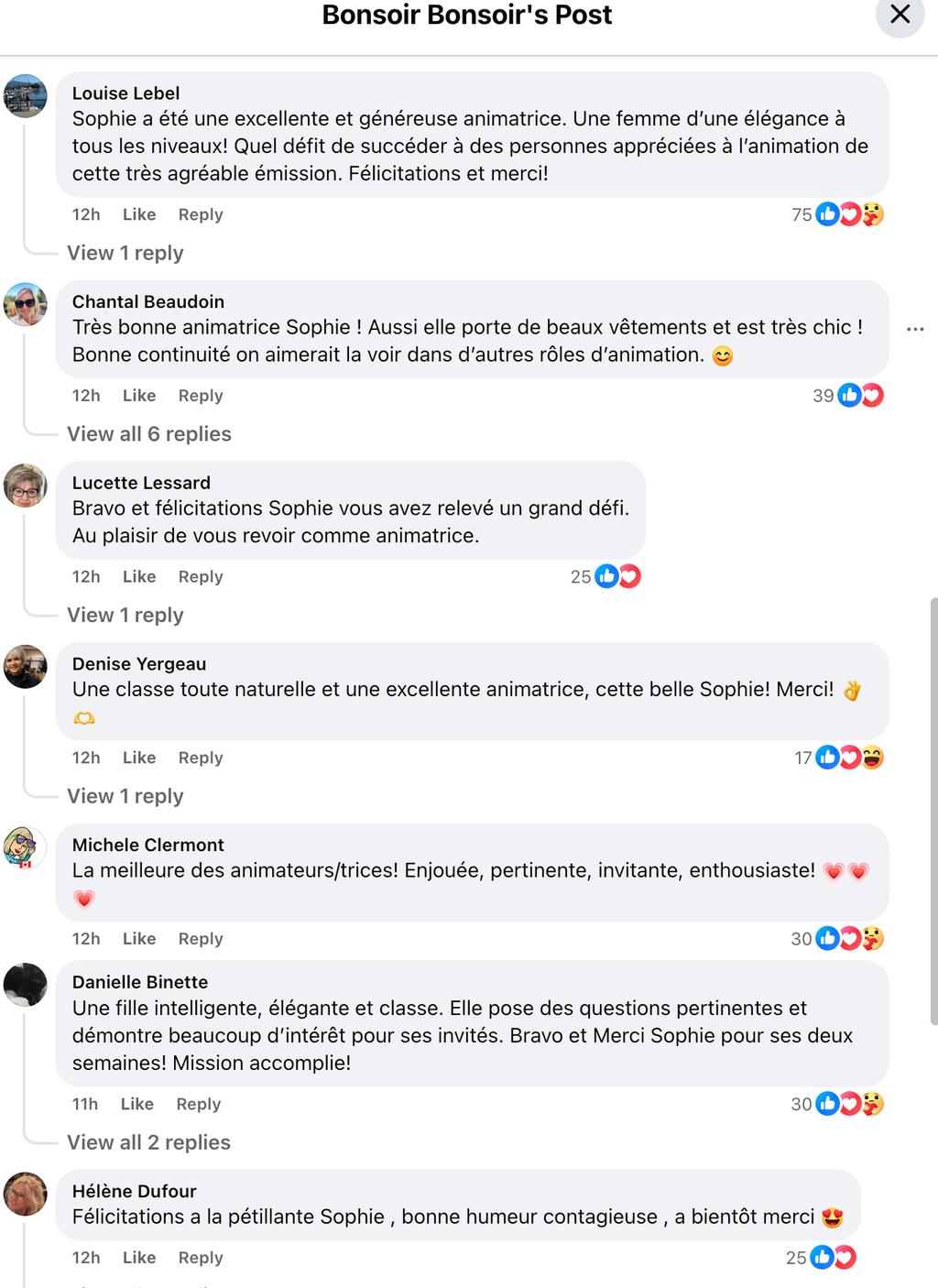 Commentaires sur la page Facebook de Bonsoir Bonsoir après la dernière de Sophie Fouron