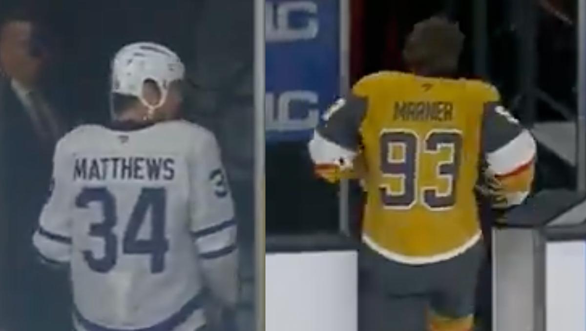 Auston Matthews ; Mitch Marner in pregame warmups. 