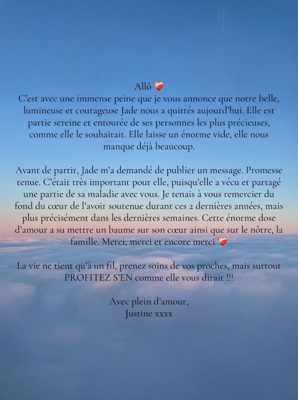 Message annonçant le tragique décès de Jade Paré-Gilbert