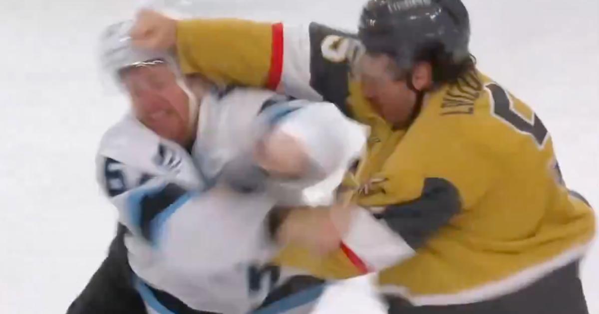 Jeremy Lauzon and Lawson Crouse fighting. 