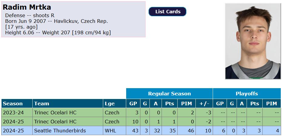Fiche de statistiques de Radim Mrtka