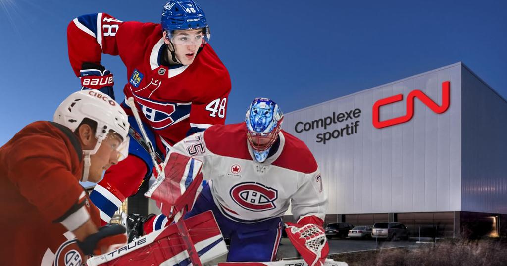 Zachary Bolduc, Lane Hutson et Jakub Dobes devant le Complexe CN