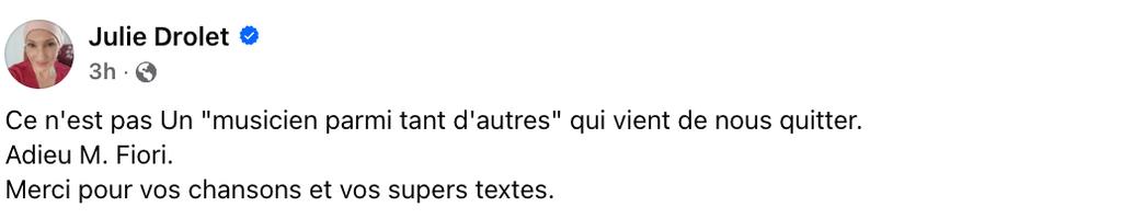 Julie Drolet s'exprime à la suite du décès de Serge Fiori