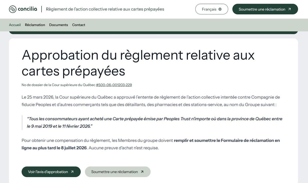 Capture d'écran - Règlement de l'action collective relative aux cartes prépayées