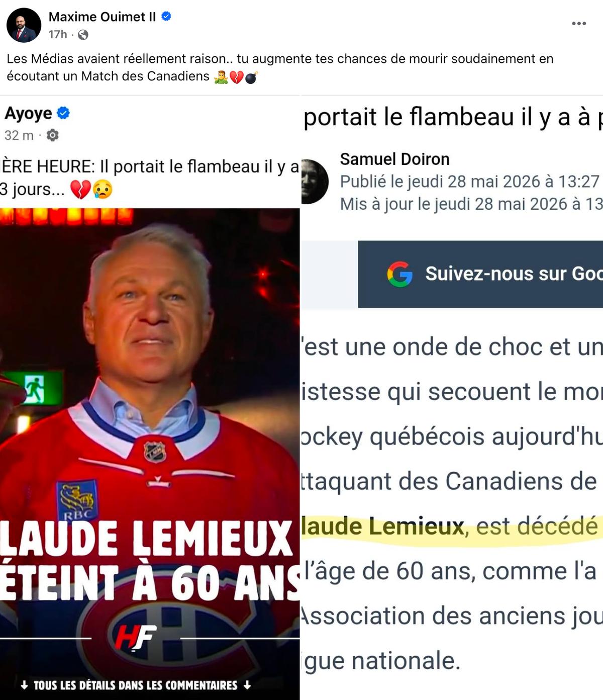 Publication de Maxime Ouimet sur le décès de Claude Lemieux