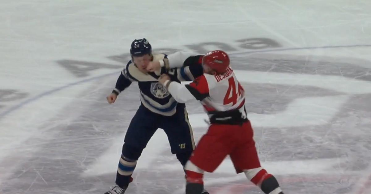 Nic Deslauriers and Mathieu Olivier fighting. 