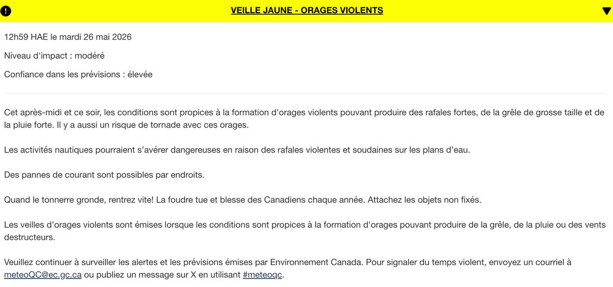 Possibilité de tornade au Québec