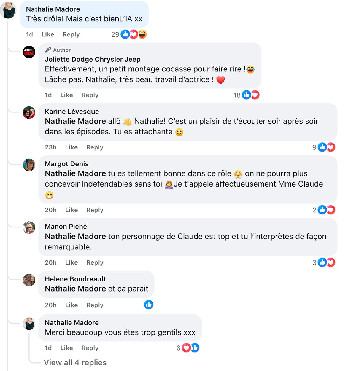 Nathalie Madore répond à un commentaire sur Facebook