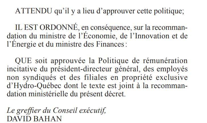 Capture d'écran - Gazette officielle du Québec, décret concernant la hausse salariale des dirigeants d'Hydro-Québec