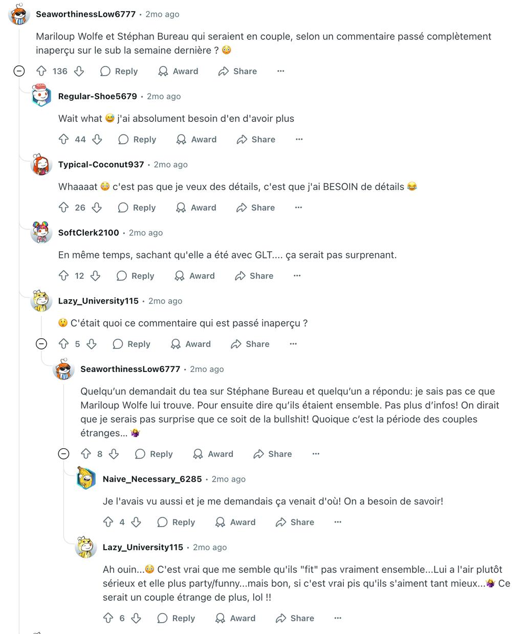 Capture d'écran Reddit mettant Stéphan Bureau et Mariloup Wolfe en couple
