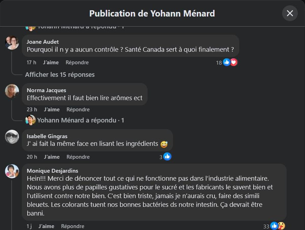 Capture d'écran Facebook - Yohann Ménard, commentaires des internautes