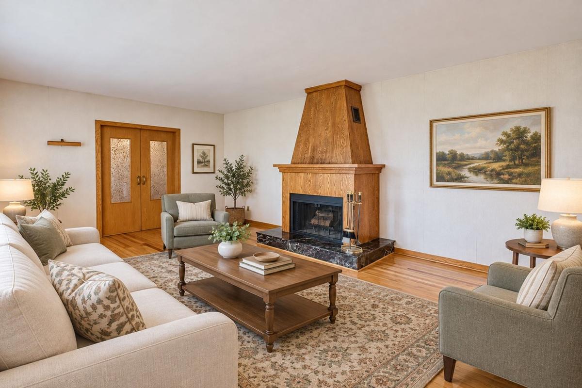 Salon avec foyer au bois