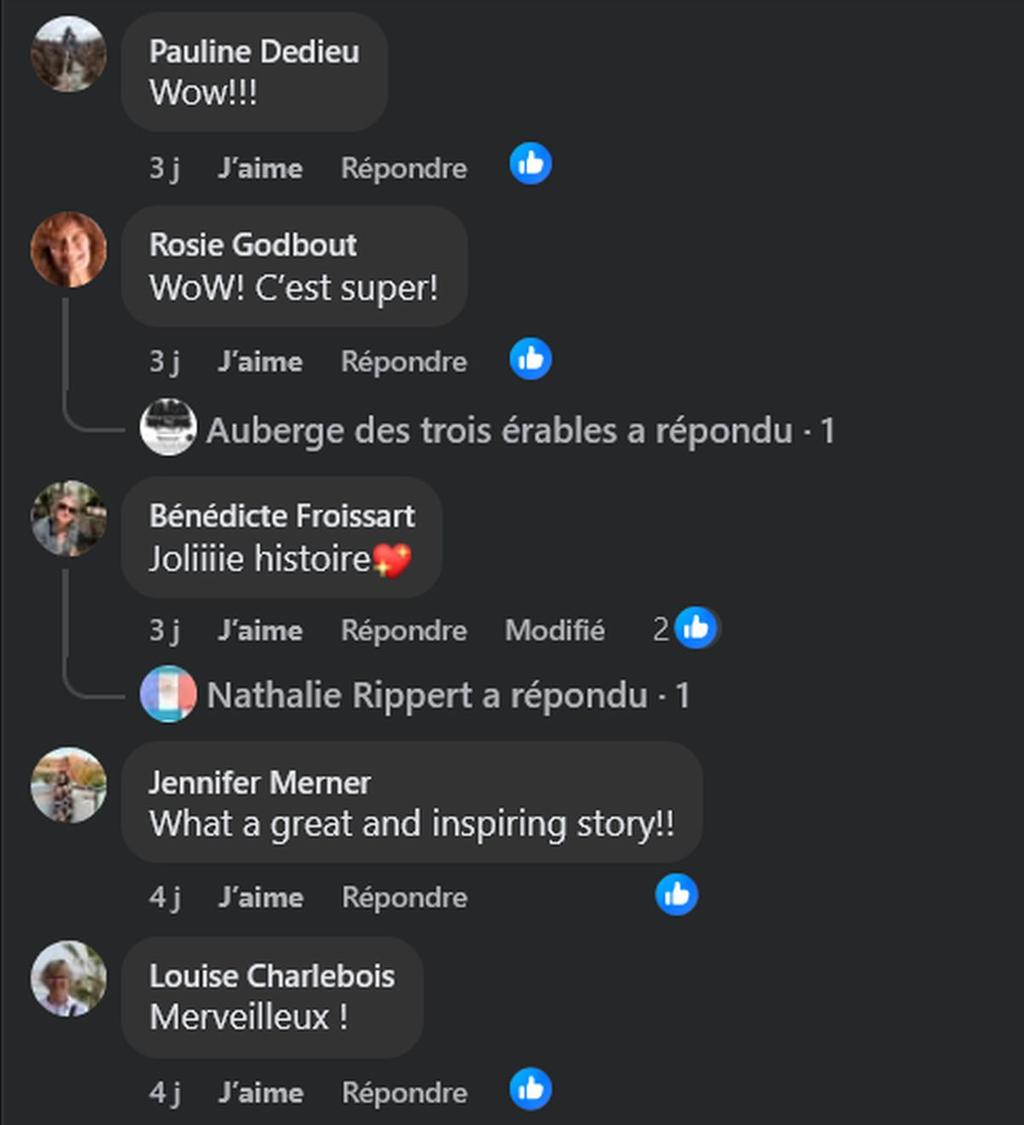 Facebook - Auberge des Trois Érables, commentaires d'une publication Facebook