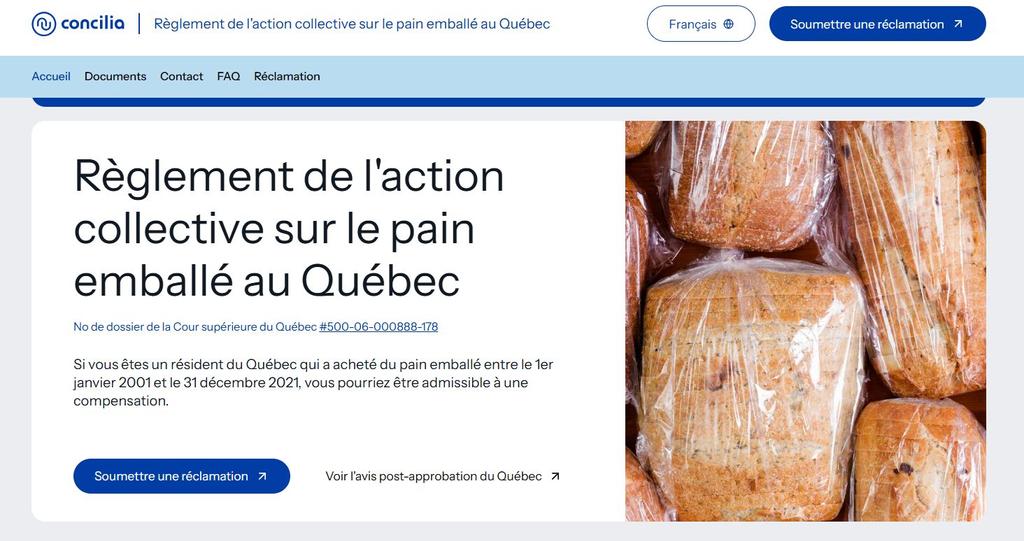 Capture d'écran - Règlement de l'action collective sur le pain emballé au Québec