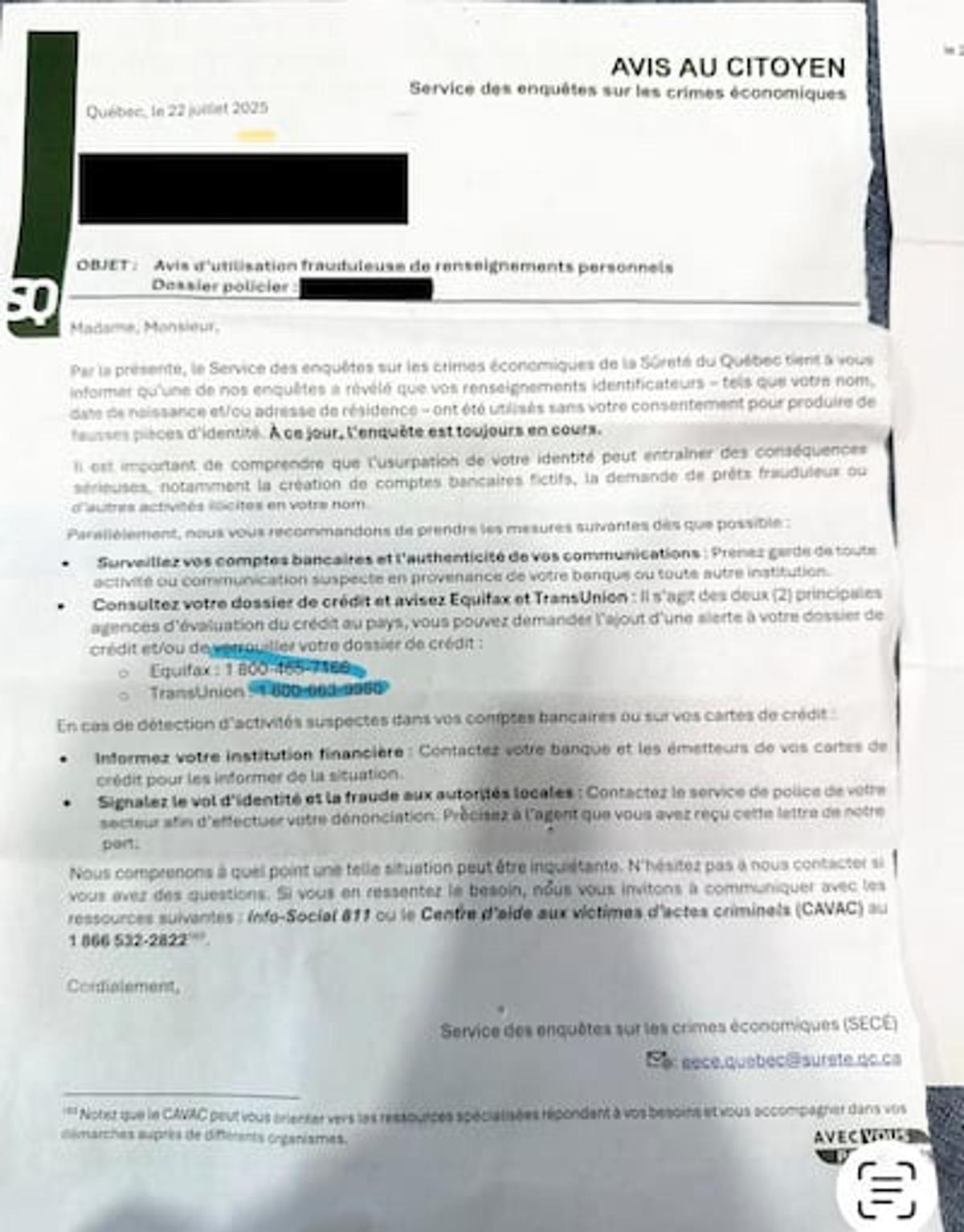 Lettre reçue par Hadi Hassin