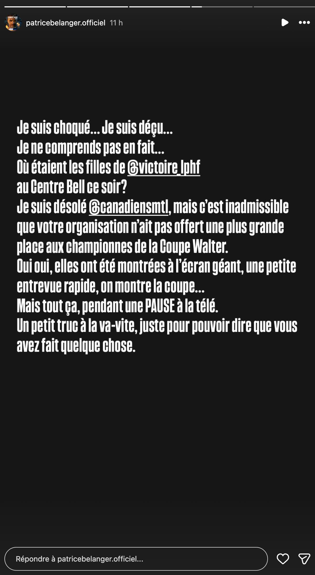 Patrice Bélanger dénonce le manque de visibilité de la Victoire ce lundi soir
