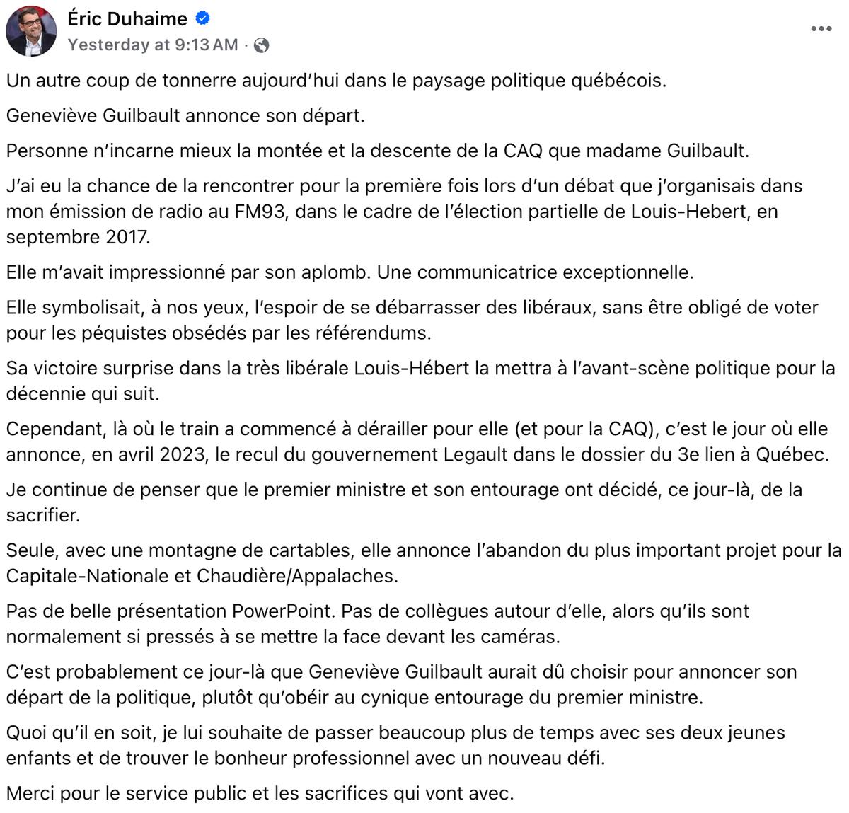 Éric Duhaime réagit au départ de Geneviève Guilbault