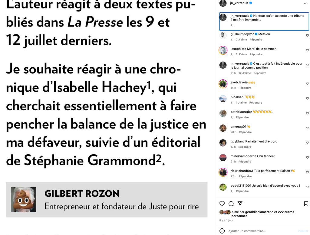 Jean-Nicolas Verreault dénonce le texte de Gilbert Rozon