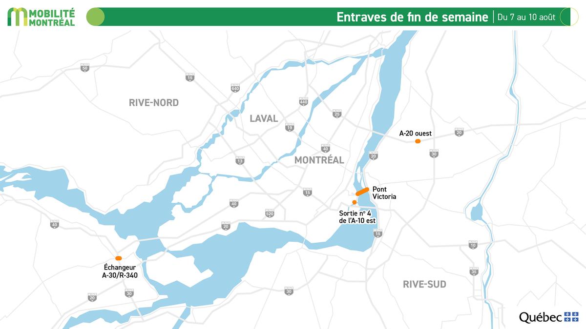 Carte des entraves majeures sur le réseau autoroutier de Montréal