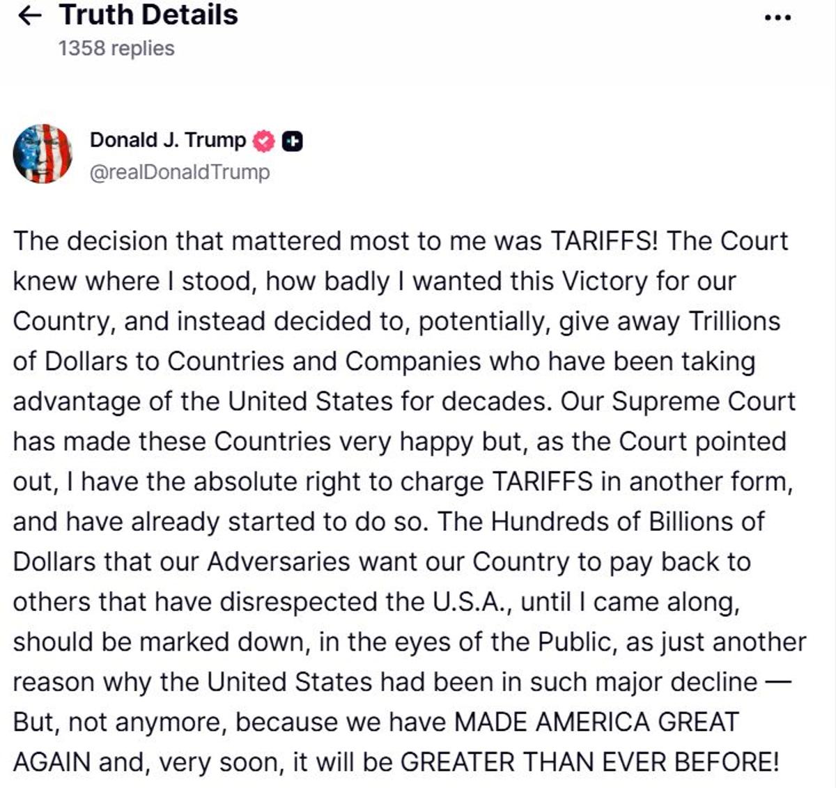 Capture d'écran Truth Social - Donald J. Trump